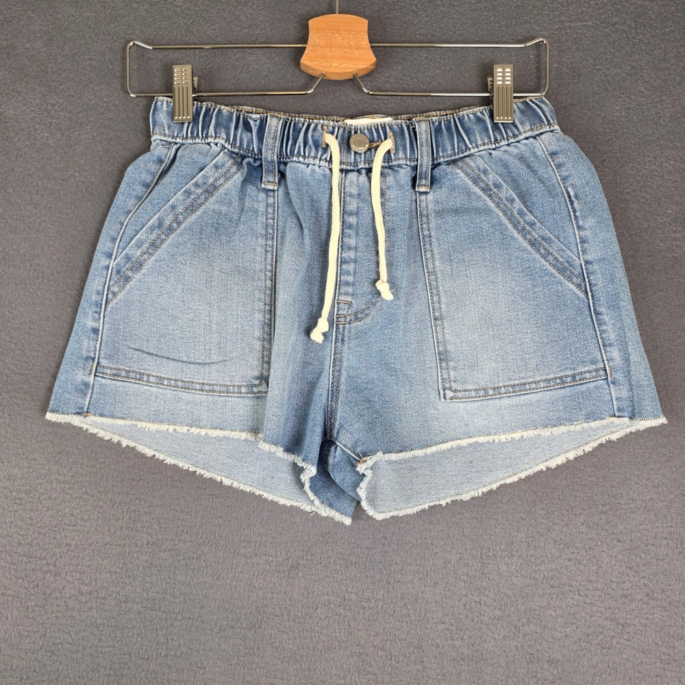 No Boundaries Denim Shorts Women Size S (4-6) Blue Raw Hem Drawstring Waist